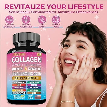 JTEVEweu Kollagen Komplex – Typen I, II, III, V & X, MCG Biotin, Keratin, Hyaluronsäure, Zink, Traubenkernextrakt, Quercetin, Vitamin A, C, E, Magnesium, Folsäure (90 Kapseln)