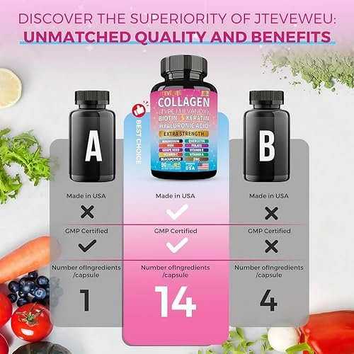 JTEVEweu Kollagen Komplex – Typen I, II, III, V & X, MCG Biotin, Keratin, Hyaluronsäure, Zink, Traubenkernextrakt, Quercetin, Vitamin A, C, E, Magnesium, Folsäure (90 Kapseln)