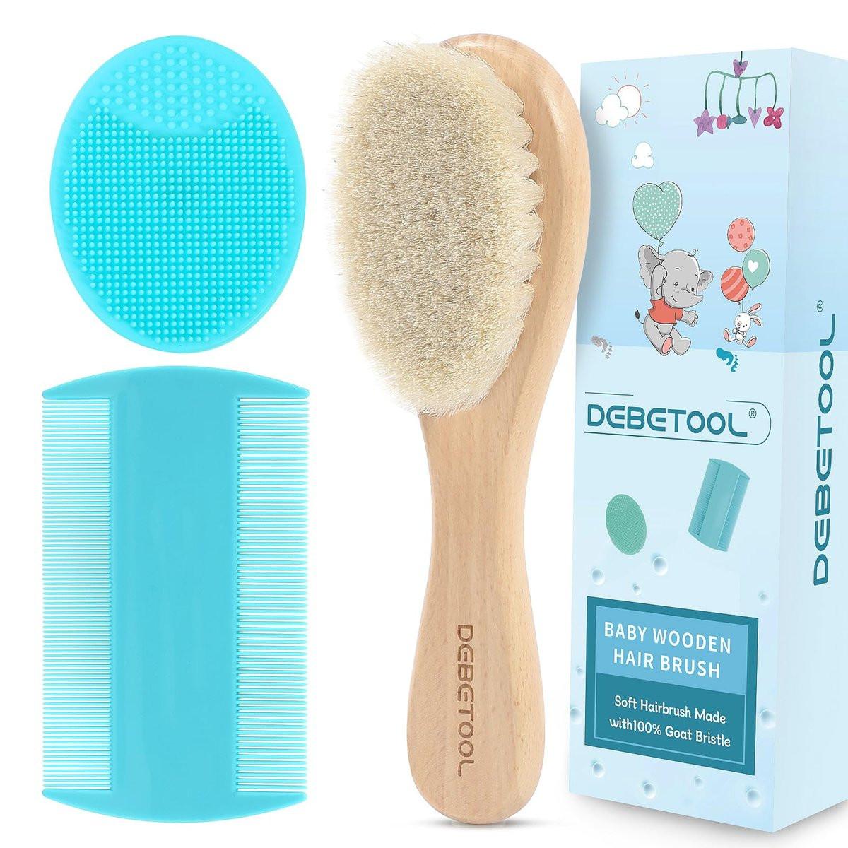 DEBETOOL Cradle Cap Bürsten- und Kamm-Set mit Babyhaarbürste – 3-teiliges Holz-Babybürsten-Set für Neugeborene und Säuglinge