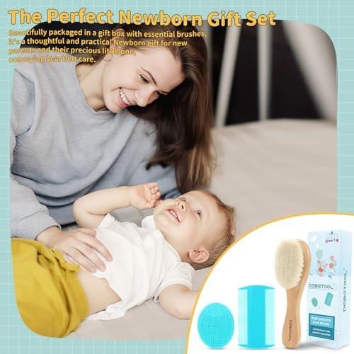 DEBETOOL Cradle Cap Bürsten- und Kamm-Set mit Babyhaarbürste – 3-teiliges Holz-Babybürsten-Set für Neugeborene und Säuglinge