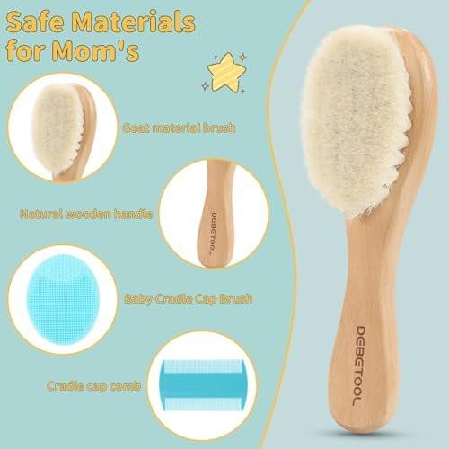DEBETOOL Cradle Cap Bürsten- und Kamm-Set mit Babyhaarbürste – 3-teiliges Holz-Babybürsten-Set für Neugeborene und Säuglinge