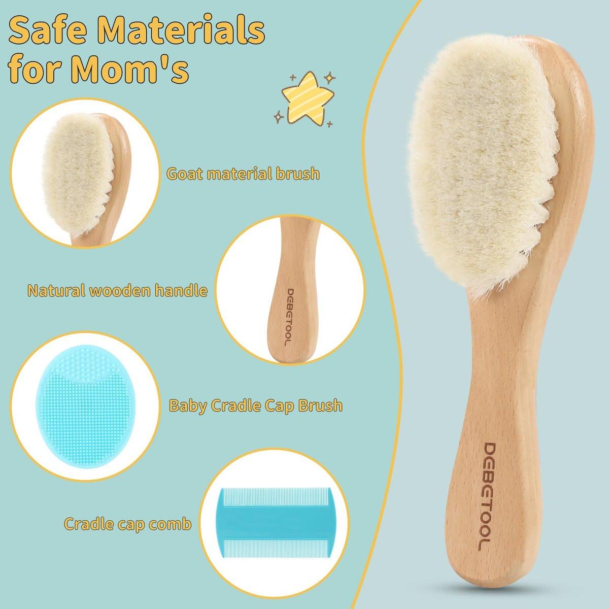 DEBETOOL Cradle Cap Bürsten- und Kamm-Set mit Babyhaarbürste – 3-teiliges Holz-Babybürsten-Set für Neugeborene und Säuglinge