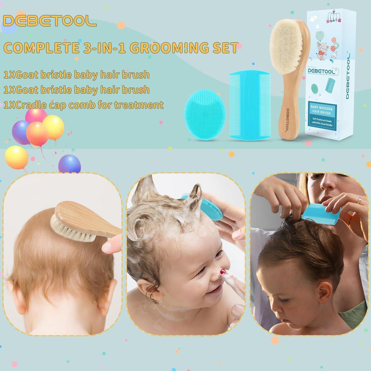 DEBETOOL Cradle Cap Bürsten- und Kamm-Set mit Babyhaarbürste – 3-teiliges Holz-Babybürsten-Set für Neugeborene und Säuglinge