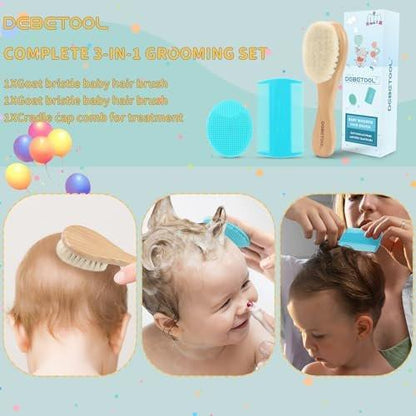 DEBETOOL Cradle Cap Bürsten- und Kamm-Set mit Babyhaarbürste – 3-teiliges Holz-Babybürsten-Set für Neugeborene und Säuglinge