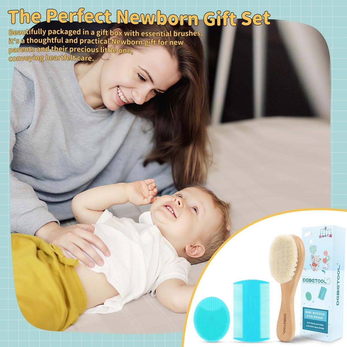 DEBETOOL Cradle Cap Bürsten- und Kamm-Set mit Babyhaarbürste – 3-teiliges Holz-Babybürsten-Set für Neugeborene und Säuglinge