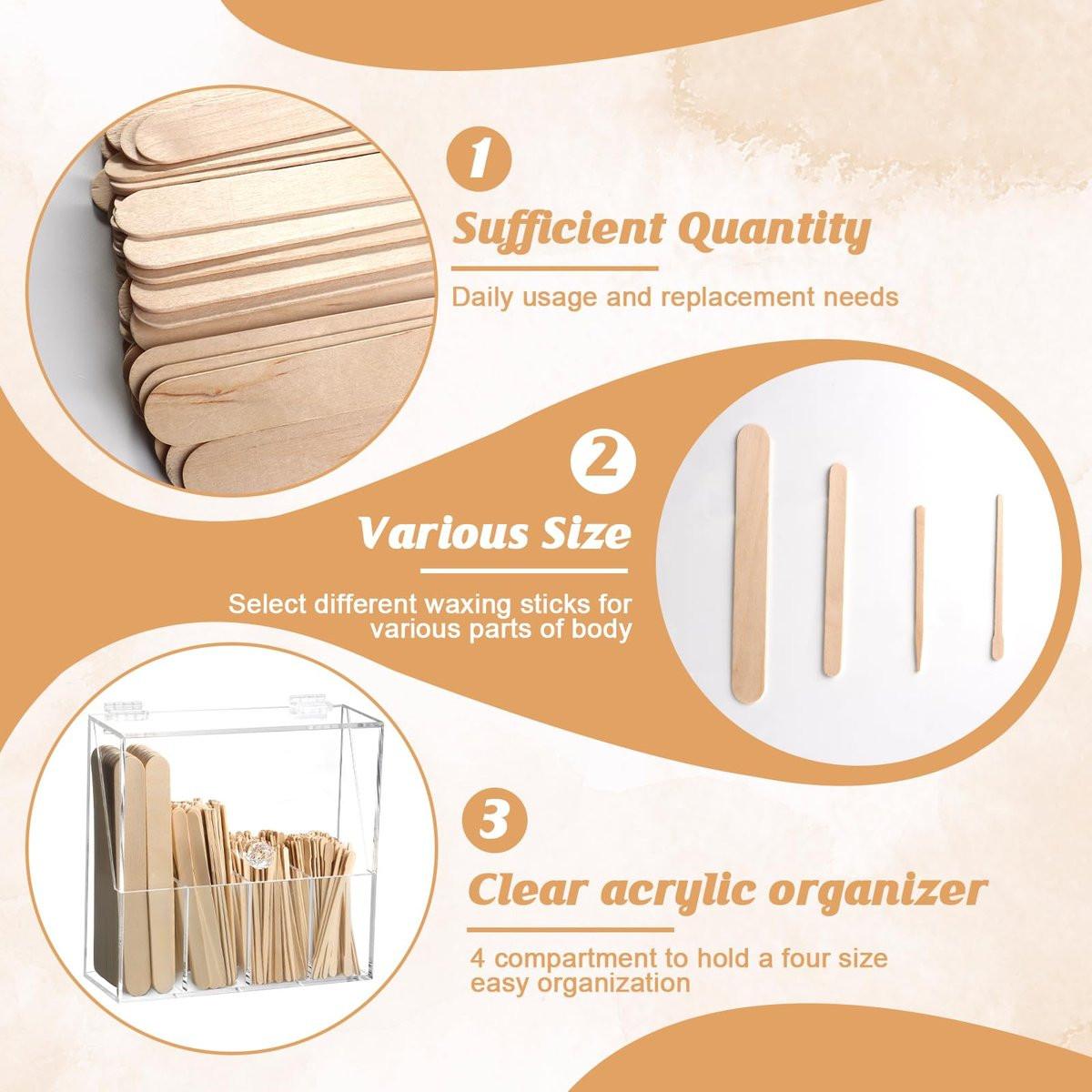 300-teiliges Holz-Wachs-Applikator-Set: 4 Stile, Wachsstäbchen mit Organizer für Körper, Beine, Gesicht, Nase, Augenbrauen