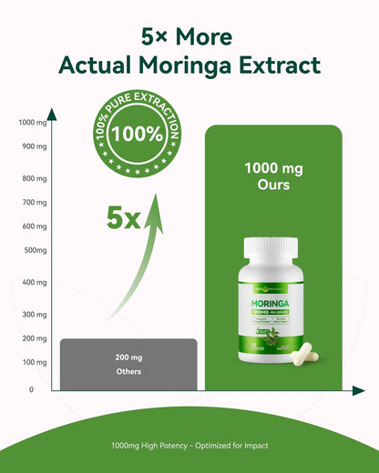 Inner Brightness Moringa Kapseln 1000 mg pro Portion – 10:1 Moringa Blattextrakt Grünes Superfood für Energie & Immunsystem – Vegan, Nicht-GVO, 60 Kapseln, Hergestellt in den USA