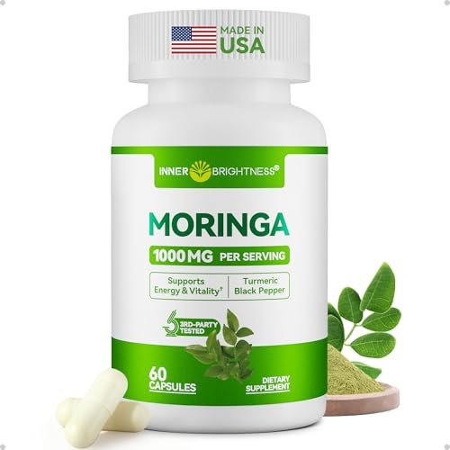 Inner Brightness Moringa Kapseln 1000 mg pro Portion – 10:1 Moringa Blattextrakt Grünes Superfood für Energie & Immunsystem – Vegan, Nicht-GVO, 60 Kapseln, Hergestellt in den USA