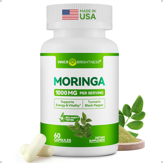 Inner Brightness Moringa Kapseln 1000 mg pro Portion – 10:1 Moringa Blattextrakt Grünes Superfood für Energie & Immunsystem – Vegan, Nicht-GVO, 60 Kapseln, Hergestellt in den USA