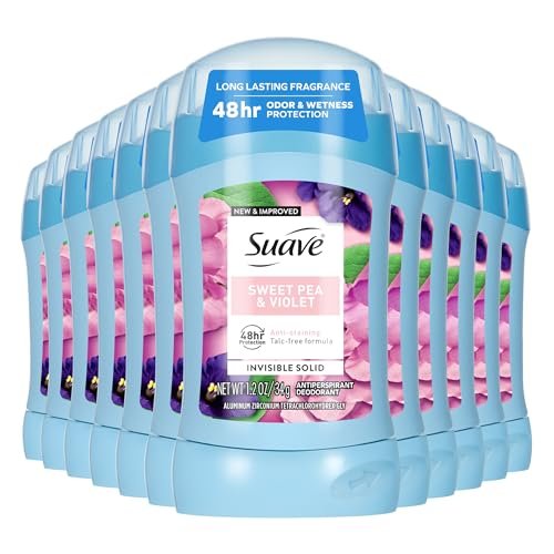 Suave Antitranspirant Deodorant für Frauen, Unsichtbar, Achsel-Deodorant, 48h Schutz vor Geruch & Nässe, Duft nach Sweet Pea & Violet, Für empfindliche Haut, Deo-Stick, 1,2 oz (12er-Pack)