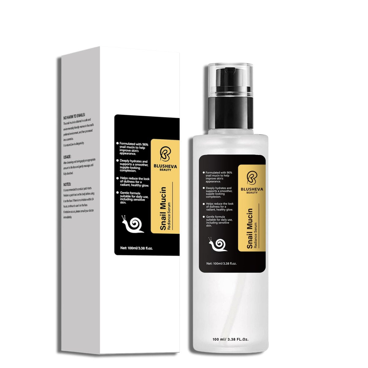 Blusheva Beauty Snail Mucin Radiance Serum – 96% Schneckenfiltrat, feuchtigkeitsspendendes & Anti-Aging Gesichtsserum für feine Linien, dunkle Flecken & glatte Haut – 100 ml