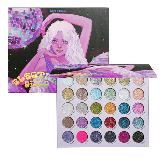 KARA BEAUTY ELECTRIC DISCO Glitzer-Lidschatten-Palette – 30 Farben Pressed Glitter Make-up-Palette für Gesicht, Körper & Augen, ohne Kleber, Grober & Feiner Glitzer für Rave, Festival Make-up, Meerjungfrauen-Vibes & mehr