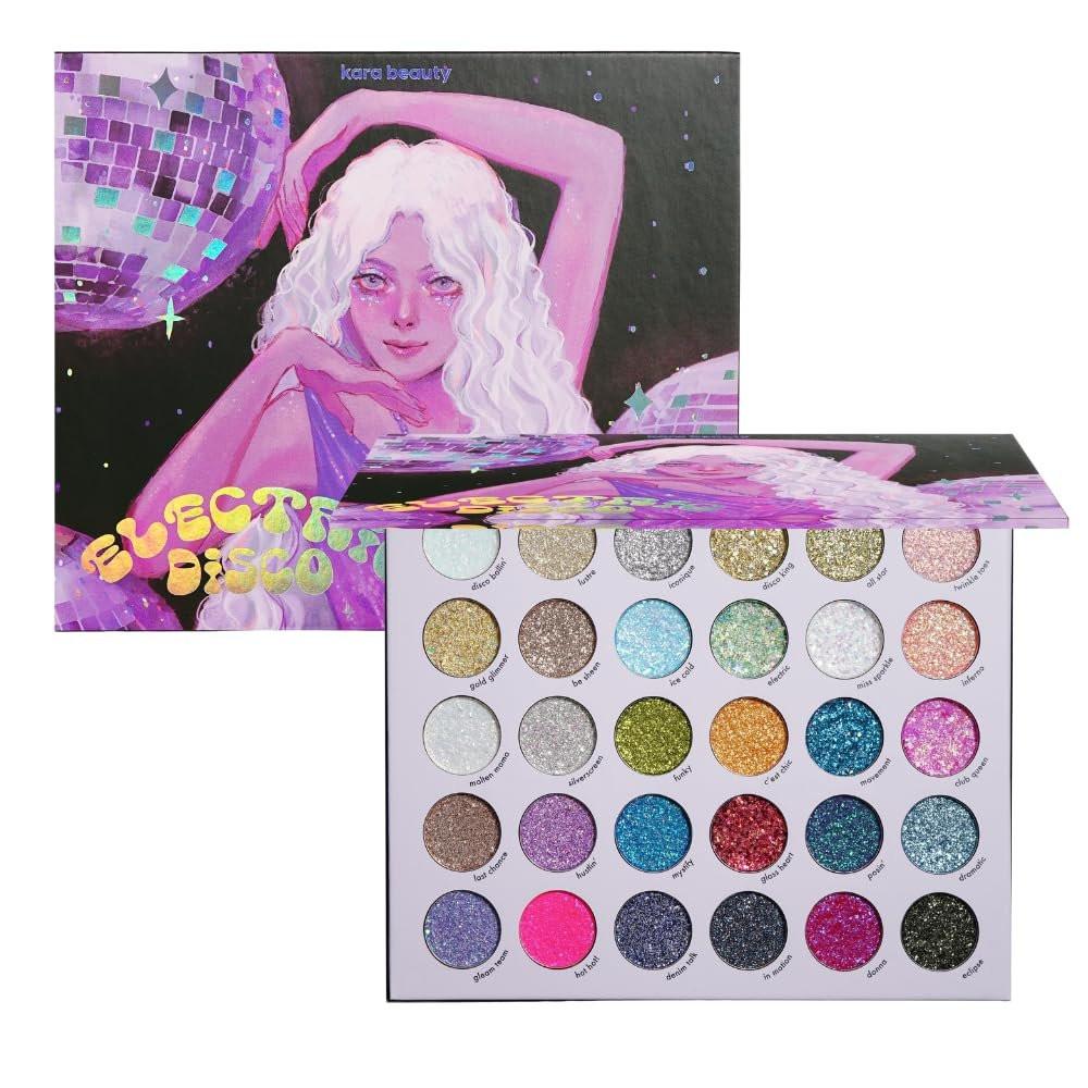 KARA BEAUTY ELECTRIC DISCO Glitzer-Lidschatten-Palette – 30 Farben Pressed Glitter Make-up-Palette für Gesicht, Körper & Augen, ohne Kleber, Grober & Feiner Glitzer für Rave, Festival Make-up, Meerjungfrauen-Vibes & mehr