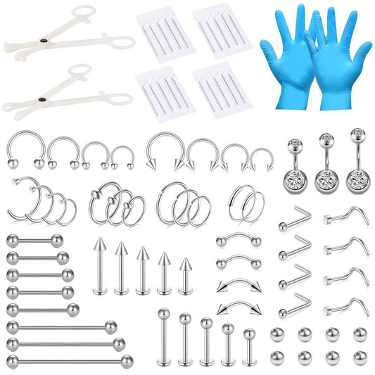 DJCIW 75-teiliges Piercing-Set in gemischten Größen – 316L Edelstahl mit 14G 16G 18G 20G Piercingnadeln und Klemmen für Ohrloch, Knorpel, Tragus, Nase, Septum, Bauchnabel, Lippe, Augenbraue, Brustwarze