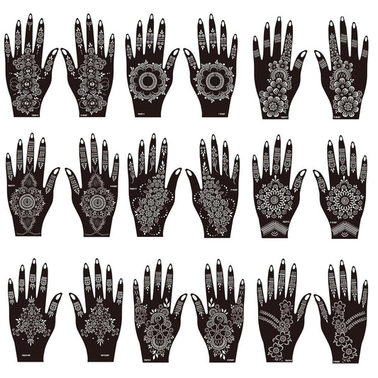 Henna Tattoo Schablonen Set – 18 temporäre Henna-Stencils für Hände, traditionelle indische Mehndi-Designs