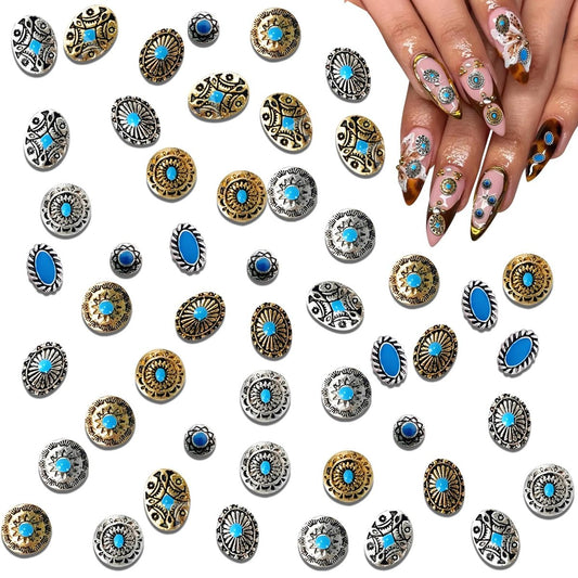 50 Stücke Türkis Nagelverzierungsblätter, 3D Metallic Edelsteine für Gel Acryl, Vintage Cowboy Nagelcharm Zubehör Western Ethno-Stil DIY