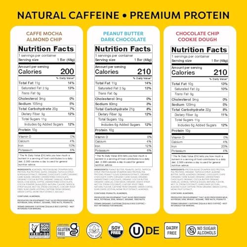 Quantum Energy Squares Protein-Riegel Variety Pack – Erdnussbutter Dark Chocolate, Chocolate Chip Cookie Dough, Caffe Mocha Almond Chip – 12er-Pack (je 4 Riegel)