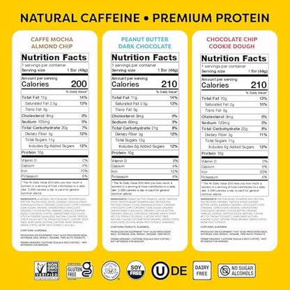 Quantum Energy Squares Protein-Riegel Variety Pack – Erdnussbutter Dark Chocolate, Chocolate Chip Cookie Dough, Caffe Mocha Almond Chip – 12er-Pack (je 4 Riegel)