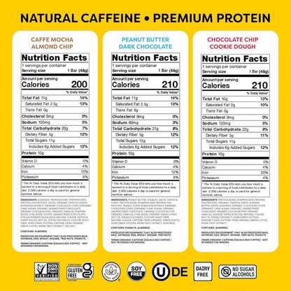 Quantum Energy Squares Protein-Riegel Variety Pack – Erdnussbutter Dark Chocolate, Chocolate Chip Cookie Dough, Caffe Mocha Almond Chip – 12er-Pack (je 4 Riegel)