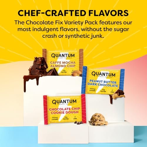 Quantum Energy Squares Protein-Riegel Variety Pack – Erdnussbutter Dark Chocolate, Chocolate Chip Cookie Dough, Caffe Mocha Almond Chip – 12er-Pack (je 4 Riegel)