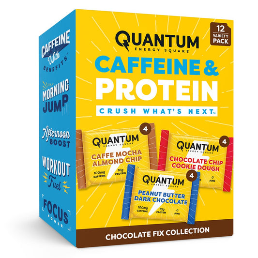 Quantum Energy Squares Protein-Riegel Variety Pack – Erdnussbutter Dark Chocolate, Chocolate Chip Cookie Dough, Caffe Mocha Almond Chip – 12er-Pack (je 4 Riegel)