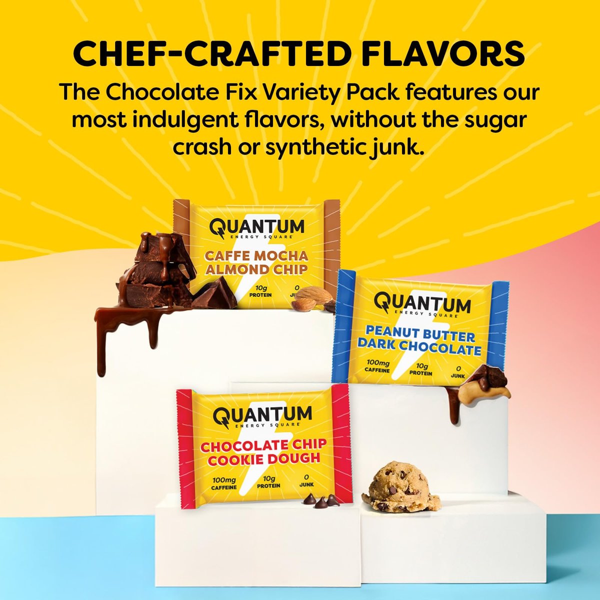 Quantum Energy Squares Protein-Riegel Variety Pack – Erdnussbutter Dark Chocolate, Chocolate Chip Cookie Dough, Caffe Mocha Almond Chip – 12er-Pack (je 4 Riegel)