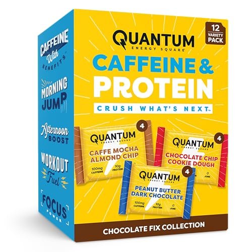 Quantum Energy Squares Protein-Riegel Variety Pack – Erdnussbutter Dark Chocolate, Chocolate Chip Cookie Dough, Caffe Mocha Almond Chip – 12er-Pack (je 4 Riegel)