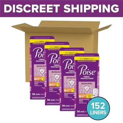 Poise Daily Microliners, Inkontinenz-Einlagen für Blasenlecks, 1 Tropfen leichteste Saugstärke, lange Länge, 152 Stück (4 Packungen à 38)