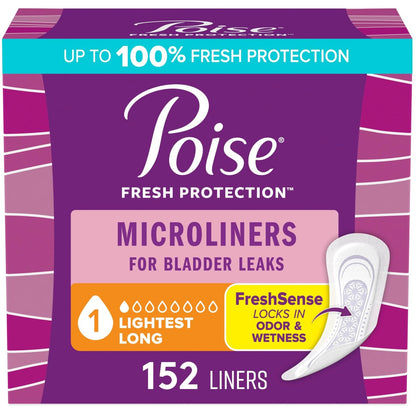 Poise Daily Microliners, Inkontinenz-Einlagen für Blasenlecks, 1 Tropfen leichteste Saugstärke, lange Länge, 152 Stück (4 Packungen à 38)