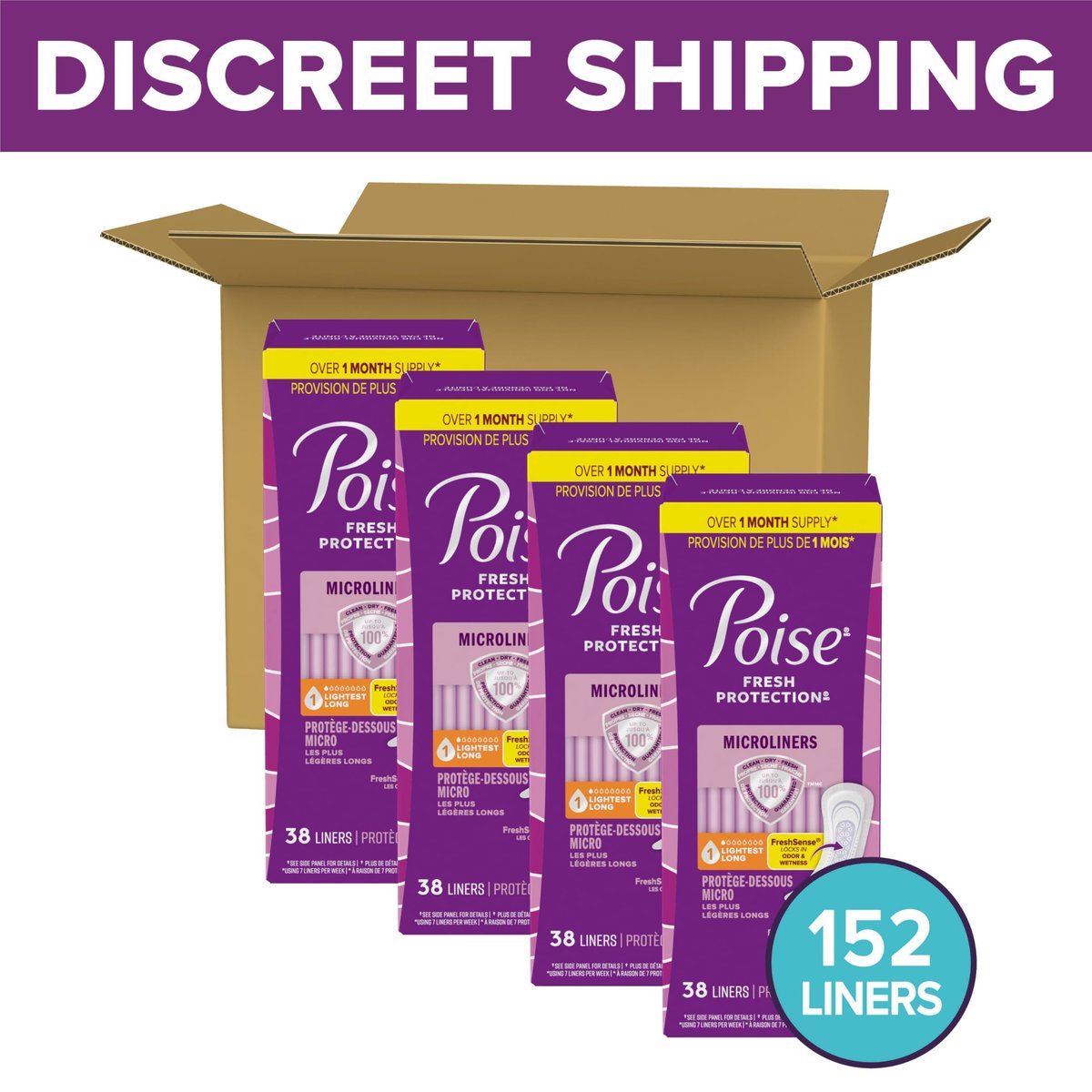 Poise Daily Microliners, Inkontinenz-Einlagen für Blasenlecks, 1 Tropfen leichteste Saugstärke, lange Länge, 152 Stück (4 Packungen à 38)