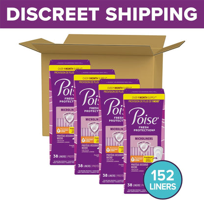 Poise Daily Microliners, Inkontinenz-Einlagen für Blasenlecks, 1 Tropfen leichteste Saugstärke, lange Länge, 152 Stück (4 Packungen à 38)