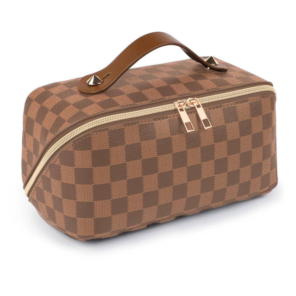 BAYANKALA Leder Reise Make-up Tasche, Große Kapazität Kosmetiktasche für Frauen, Wasserdichte Tragetasche mit Trennwand, Kulturbeutel mit Griff, 10,5x5x5 Zoll, Tiefbraun