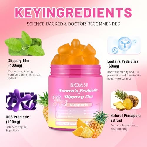 Boasi Frauen Probiotika Ulmenrinde Gummies – Saftiges PH-Gleichgewicht, Vaginale Weibliche Probiotika Ananas Gummies für Verdauungs- und Immunsystem