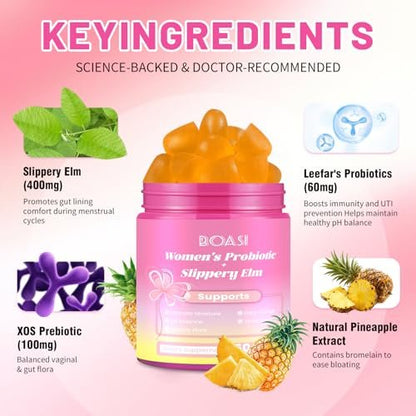 Boasi Frauen Probiotika Ulmenrinde Gummies – Saftiges PH-Gleichgewicht, Vaginale Weibliche Probiotika Ananas Gummies für Verdauungs- und Immunsystem