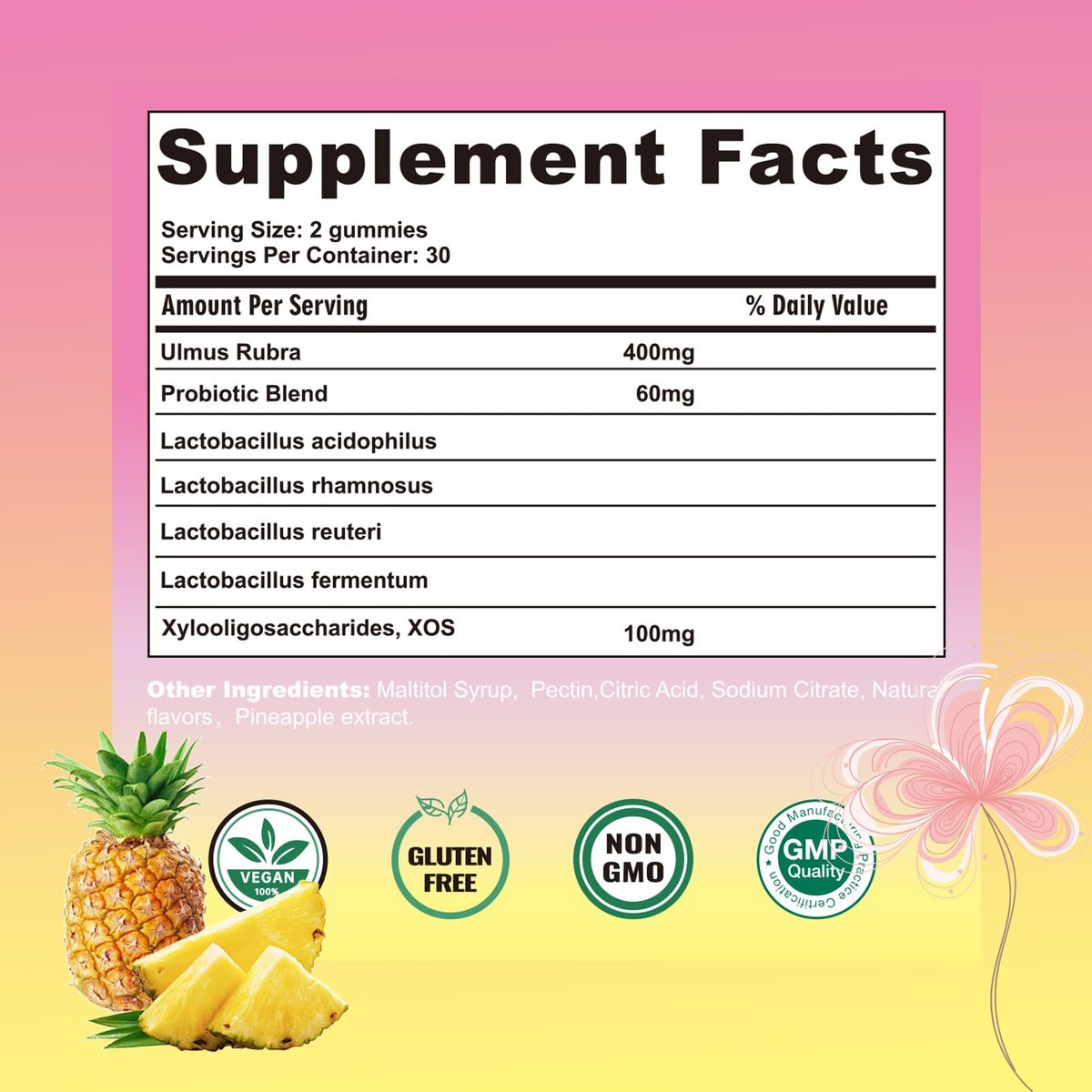 Boasi Frauen Probiotika Ulmenrinde Gummies – Saftiges PH-Gleichgewicht, Vaginale Weibliche Probiotika Ananas Gummies für Verdauungs- und Immunsystem