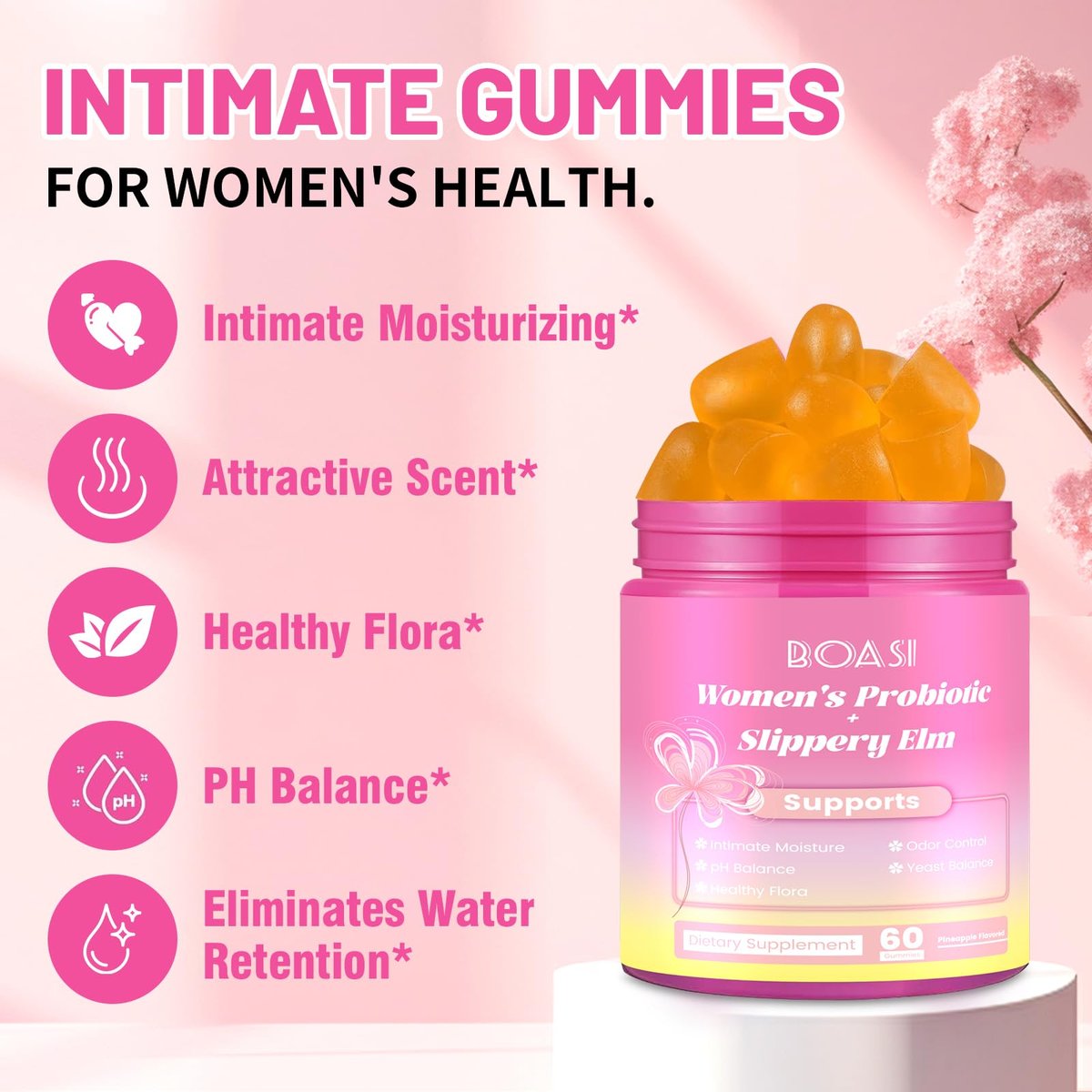 Boasi Frauen Probiotika Ulmenrinde Gummies – Saftiges PH-Gleichgewicht, Vaginale Weibliche Probiotika Ananas Gummies für Verdauungs- und Immunsystem
