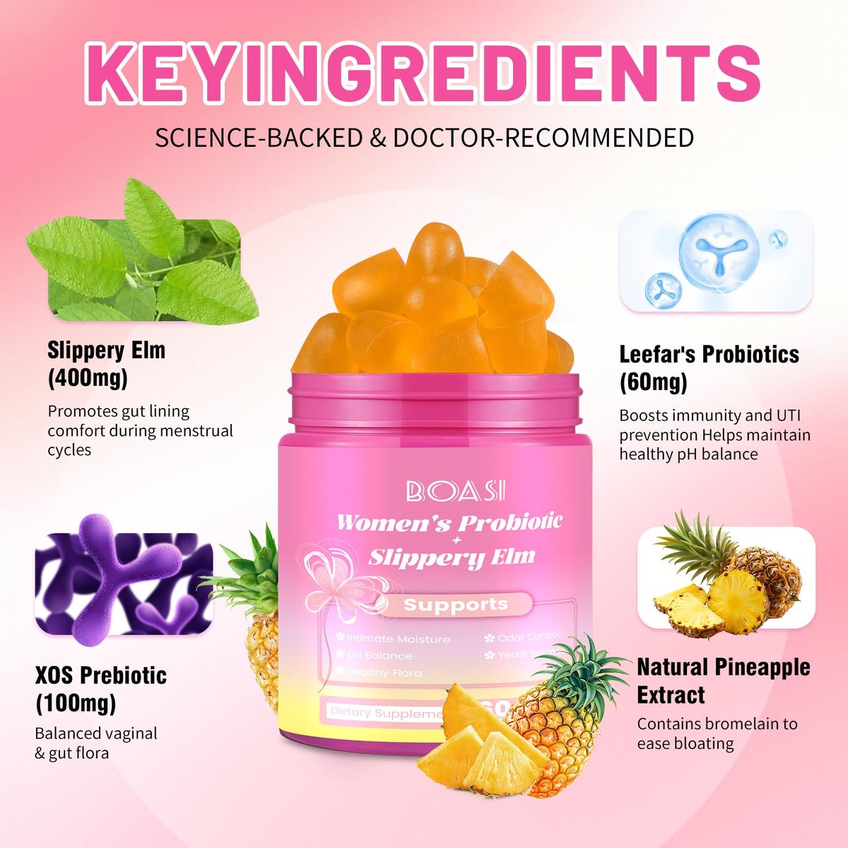 Boasi Frauen Probiotika Ulmenrinde Gummies – Saftiges PH-Gleichgewicht, Vaginale Weibliche Probiotika Ananas Gummies für Verdauungs- und Immunsystem