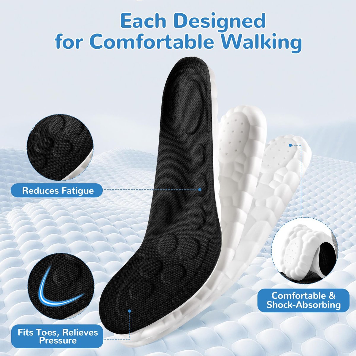 StepTastic 4D Cloud Einlegesohlen für Herren und Damen – Fußgewölbeunterstützung und Stoßdämpfung für Ermüdungsentlastung, Druckverteilung, zuschneidbare Einlagen für Wandern und Gehen (Schwarz, M 7-12, 1 Paar)