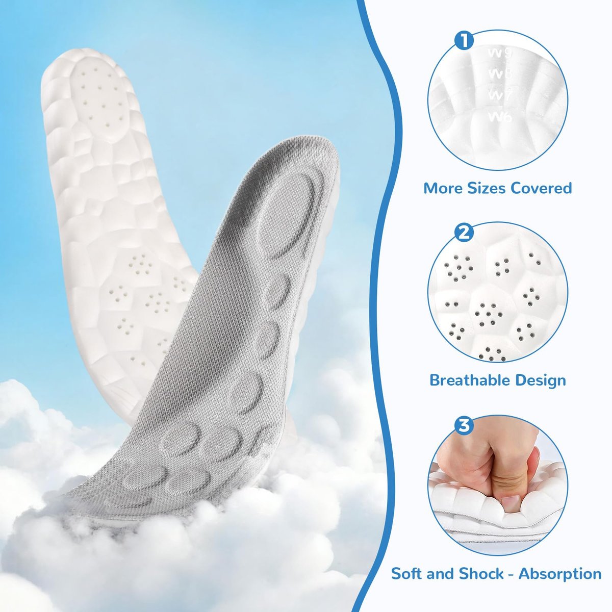 StepTastic 4D Cloud Einlegesohlen für Damen und Herren – Grau, Größe W 6-9 (261 mm) – 1 Paar – Stoßdämpfend, Fußgewölbestütze, Ermüdungsminderung, Druckverteilung – Zuschneidbar für Gehen und Wandern