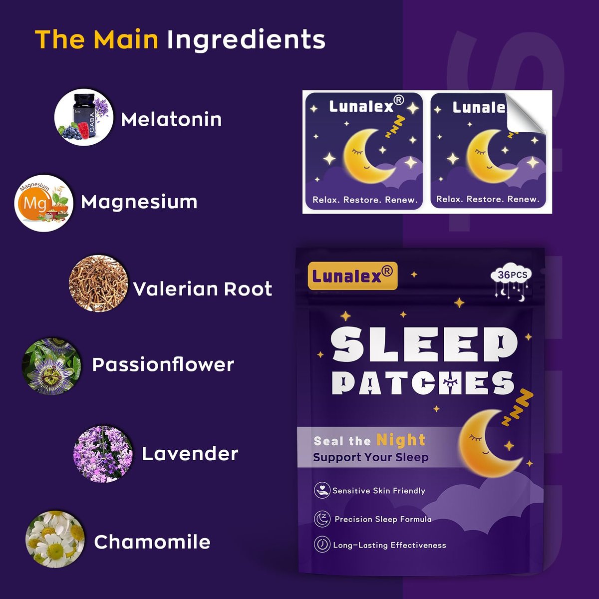 Lunalex 36 Schlafpflaster für Erwachsene Extra Stärke – Natürliche Nachtruhe mit Melatonin & Magnesium, Schnell wirkend & langanhaltend