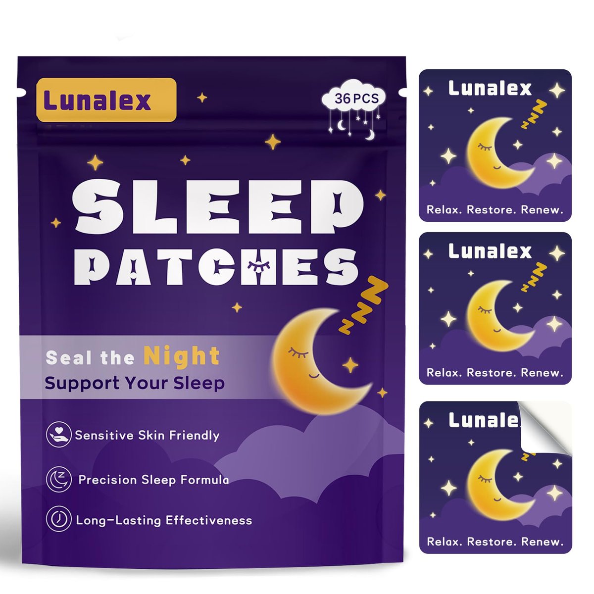 Lunalex 36 Schlafpflaster für Erwachsene Extra Stärke – Natürliche Nachtruhe mit Melatonin & Magnesium, Schnell wirkend & langanhaltend