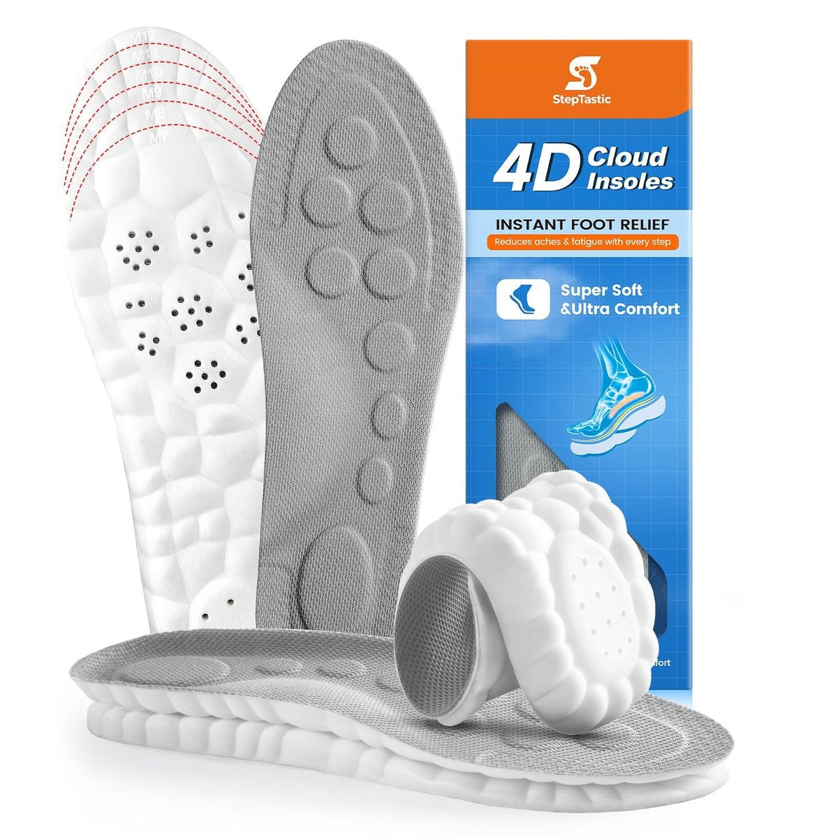 StepTastic 4D Cloud Einlegesohlen für Herren und Damen – Fußgewölbestütze & Stoßdämpfung für Ermüdungserscheinungen, Druckverteilung, Zuschneidbare Einlagen für Wandern und Gehen (Grau, M 7-12, 1 Paar)