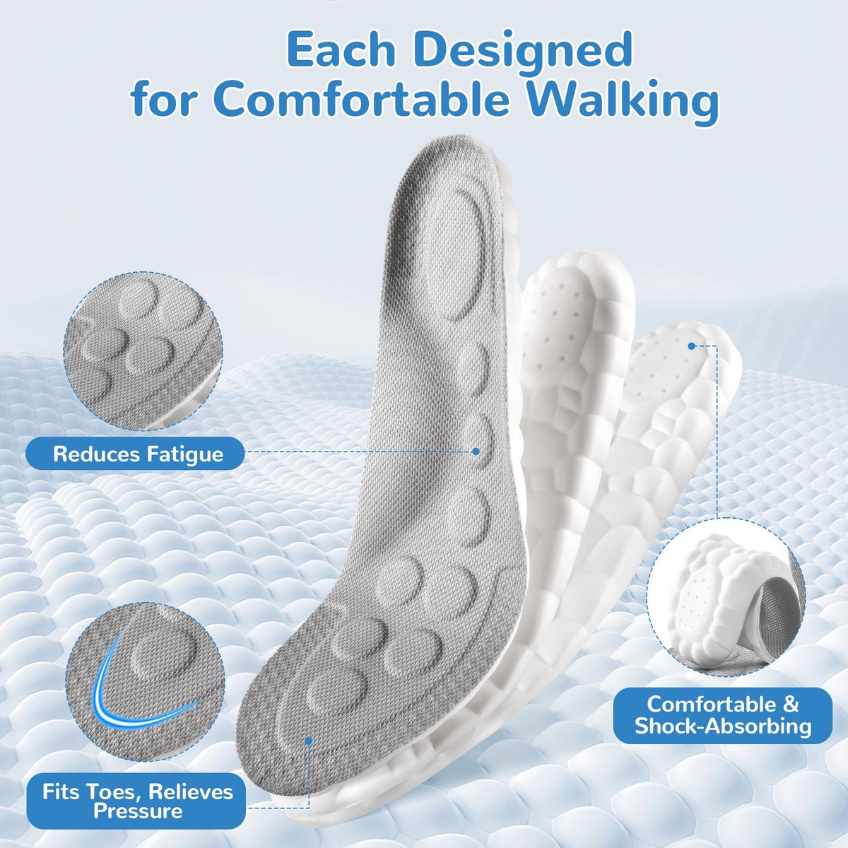 StepTastic 4D Cloud Einlegesohlen für Herren und Damen – Fußgewölbestütze & Stoßdämpfung für Ermüdungserscheinungen, Druckverteilung, Zuschneidbare Einlagen für Wandern und Gehen (Grau, M 7-12, 1 Paar)