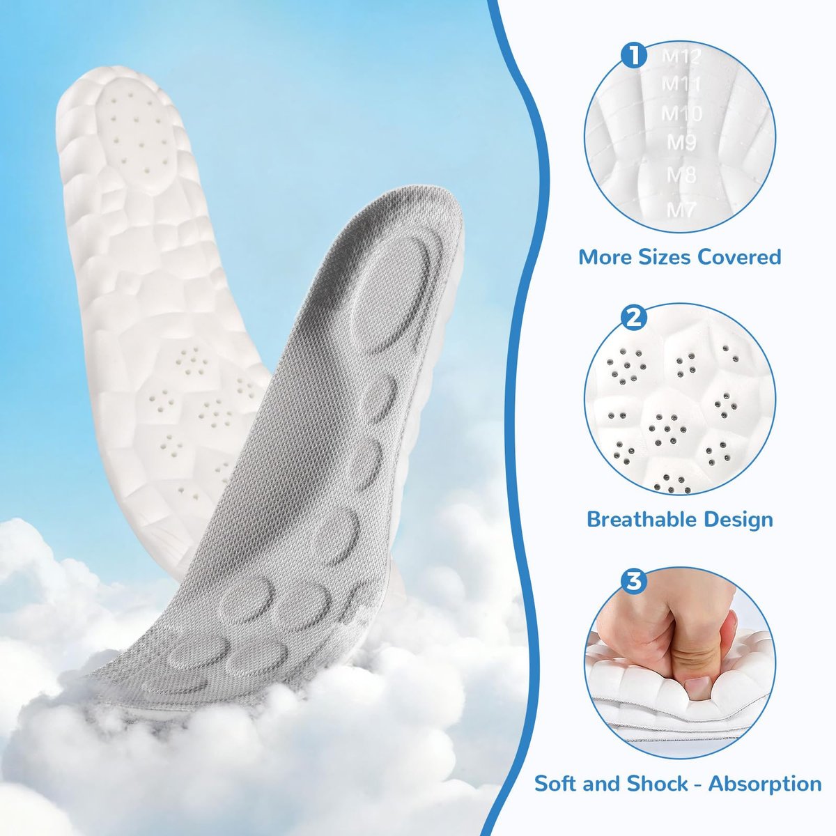 StepTastic 4D Cloud Einlegesohlen für Herren und Damen – Fußgewölbestütze & Stoßdämpfung für Ermüdungserscheinungen, Druckverteilung, Zuschneidbare Einlagen für Wandern und Gehen (Grau, M 7-12, 1 Paar)