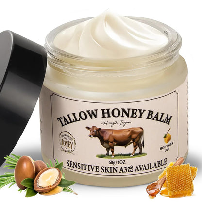 Beef Tallow für die Haut, geschlagene Talg- und Honigbalsam-Gesichtsfeuchtigkeitscreme, 100% reiner Rindertalg-Balsam mit Vitaminen, grasgefütterter Rindertalg, natürliche Feuchtigkeitspflege für hydratisierte und genährte Haut