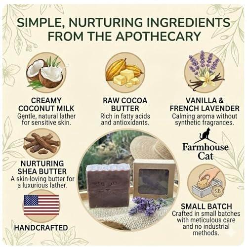 Farmhouse Cat Handgemachter Lavendel-Seifenblock mit Kakaobutter, Kokosmilch & Sheabutter – Artisan Seife, sanfte nährende Naturseife für empfindliche Haut, Geschenk für Frauen
