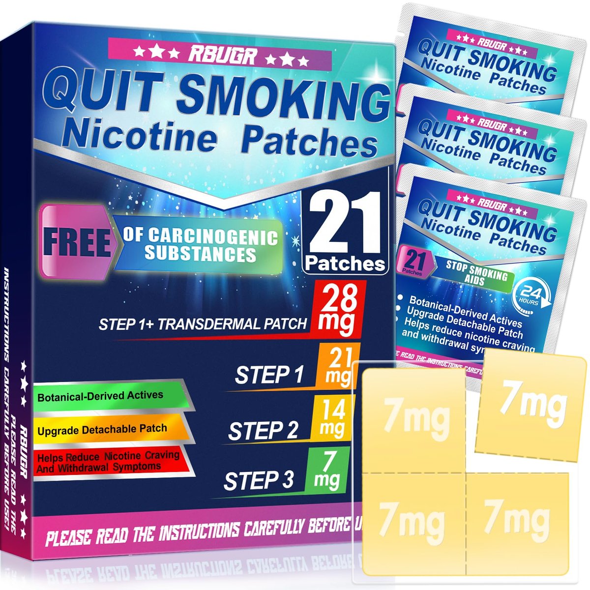 RBUGR Nikotinpflaster Step 1+, 21mg auf 28mg verbessert (4 * 7mg), Rauchstopp-Pflaster, Raucherentwöhnungshilfe mit Wirkung innerhalb von 2 Wochen, 24-Stunden-Nikotinpflaster zur transdermalen Abgabe (21 Pflaster)