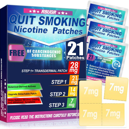 RBUGR Nikotinpflaster Step 1+, 21mg auf 28mg verbessert (4 * 7mg), Rauchstopp-Pflaster, Raucherentwöhnungshilfe mit Wirkung innerhalb von 2 Wochen, 24-Stunden-Nikotinpflaster zur transdermalen Abgabe (21 Pflaster)