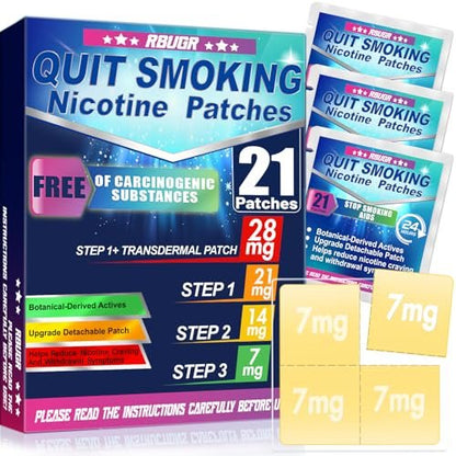 RBUGR Nikotinpflaster Step 1+, 21mg auf 28mg verbessert (4 * 7mg), Rauchstopp-Pflaster, Raucherentwöhnungshilfe mit Wirkung innerhalb von 2 Wochen, 24-Stunden-Nikotinpflaster zur transdermalen Abgabe (21 Pflaster)
