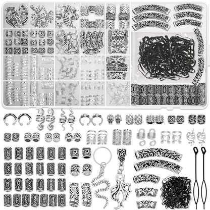 247-teiliges Wikinger-Haaraccessoire-Set mit Runen-Tubenperlen, Metallmanschetten, Clips und Ringen – Dreadlock-Perlen, Braids, Locs, Haarschmuck für Frauen und Männer, Bartdekoration, Armbänder, Halsketten DIY Silber